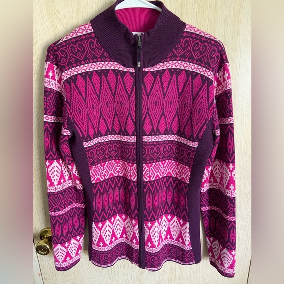 Obermeyer Merino Wool Full Zip Mock Neck Cardigan Fair Aisle Knit Medium Berry - Picture 1 of 8